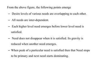 From the above figure, the following points emerge
– Desire levels of various needs are overlapping to each other.
– All needs are inter-dependent.
– Each higher level need emerges before lower level need is
satisfied.
– Need does not disappear when it is satisfied. Its gravity is
reduced when another need emerges.
– When peak of a particular need is satisfied then that Need stops
to be primary and next need starts dominating.
 
