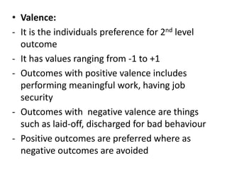 • Valence:
- It is the individuals preference for 2nd level
outcome
- It has values ranging from -1 to +1
- Outcomes with positive valence includes
performing meaningful work, having job
security
- Outcomes with negative valence are things
such as laid-off, discharged for bad behaviour
- Positive outcomes are preferred where as
negative outcomes are avoided
 