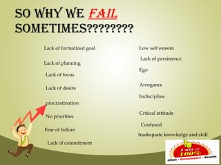 SO WHY WE FAIL
SOMETIMES????????
    Lack of formalized goal   Low self esteem

                              Lack of persistence
    Lack of planning
                              Ego
    Lack of focus

                              Arrogance
    Lack of desire
                              Indiscipline
    procrastination

                              Critical attitude
    No priorities
                               Confused
    Fear of failure
                              Inadequate knowledge and skill
     Lack of commitment
 