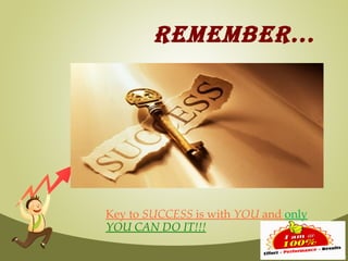 REMEMBER...




Key to SUCCESS is with YOU and only
YOU CAN DO IT!!!
 