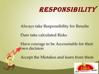 RESPONSIBILITY

Always take Responsibility for Results
•




Dare take calculated Risks
•




Have courage to be Accountable for their
•



own decision

Accept the Mistakes and learn from them
•
 