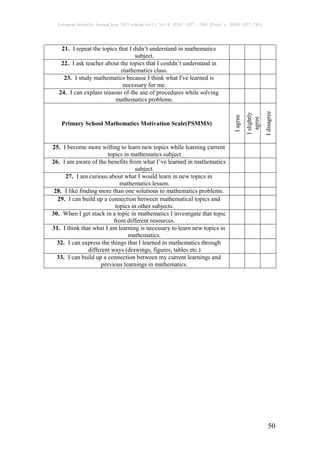 European Scientific Journal June 2015 edition vol.11, No.16 ISSN: 1857 – 7881 (Print) e - ISSN 1857- 7431
50
21. I repeat the topics that I didn’t understand in mathematics
subject.
22. I ask teacher about the topics that I couldn’t understand in
mathematics class.
23. I study mathematics because I think what I've learned is
necessary for me.
24. I can explain reasons of the use of procedures while solving
mathematics problems.
Primary School Mathematics Motivation Scale(PSMMS)
I
agree
I
slightly
agree
I
disagree
25. I become more willing to learn new topics while learning current
topics in mathematics subject
26. I am aware of the benefits from what I’ve learned in mathematics
subject.
27. I am curious about what I would learn in new topics in
mathematics lesson.
28. I like finding more than one solutions to mathematics problems.
29. I can build up a connection between mathematical topics and
topics in other subjects.
30. When I get stuck in a topic in mathematics I investigate that topic
from different resources.
31. I think that what I am learning is necessary to learn new topics in
mathematics.
32. I can express the things that I learned in mathematics through
different ways (drawings, figures, tables etc.)
33. I can build up a connection between my current learnings and
previous learnings in mathematics.
 