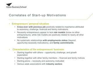 • Entrepreneurs’ personal situation
• Cross-over with previous job positively related to importance attributed
to autonomy, challenge, financial and family motivations
• Necessity entrepreneurs appear to lack role models (know no other
entrepreneurs), while role models are positively related to nearly all other
motivations
• No systematic relationships with employments status (beyond
opportunity-necessity motivations), and family commitments
• Characteristics of the entrepreneurs’ business
• Starting together with others – opportunity, challenge, and growth
expectation
• Starting together with other family members – financial and family motives
• Starting-alone – necessity and autonomy motivated
• Various weak associations with industry sectors
Correlates of Start-up Motivations
 