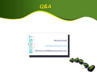 Q&A




                 Michael Emoff

         www.boostrewards.com

Michael.Emoff@boostrewards.com
 