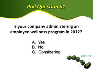 Poll Question #1


 Is your company administering an
employee wellness program in 2012?

          A. Yes
          B. No
          C. Considering
 