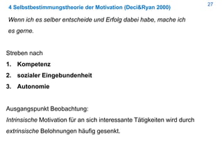 27
4 Selbstbestimmungstheorie der Motivation (Deci&Ryan 2000)
Wenn ich es selber entscheide und Erfolg dabei habe, mache ich
es gerne.
Streben nach
1. Kompetenz
2. sozialer Eingebundenheit
3. Autonomie
Ausgangspunkt Beobachtung:
Intrinsische Motivation für an sich interessante Tätigkeiten wird durch
extrinsische Belohnungen häufig gesenkt.
 
