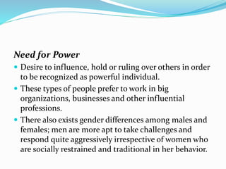 Need for Power
 Desire to influence, hold or ruling over others in order

to be recognized as powerful individual.
 These types of people prefer to work in big
organizations, businesses and other influential
professions.
 There also exists gender differences among males and
females; men are more apt to take challenges and
respond quite aggressively irrespective of women who
are socially restrained and traditional in her behavior.

 