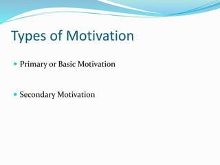 Types of Motivation
 Primary or Basic Motivation

 Secondary Motivation

 