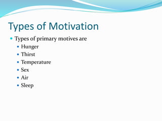 Types of Motivation
 Types of primary motives are
 Hunger
 Thirst
 Temperature
 Sex
 Air
 Sleep

 
