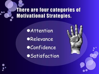 There are four categories of Motivational Strategies.AttentionRelevanceConfidence Satisfaction