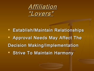 AffiliationAffiliation
““Lovers”Lovers”
 Establish/Maintain RelationshipsEstablish/Maintain Relationships
 Approval Needs May Affect TheApproval Needs May Affect The
Decision Making/ImplementationDecision Making/Implementation
 Strive To Maintain HarmonyStrive To Maintain Harmony
 