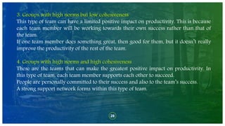 28
3. Groups with high norms but low cohesiveness
This type of team can have a limited positive impact on productivity. This is because
each team member will be working towards their own success rather than that of
the team.
If one team member does something great, then good for them, but it doesn’t really
improve the productivity of the rest of the team.
4. Groups with high norms and high cohesiveness
These are the teams that can make the greatest positive impact on productivity. In
this type of team, each team member supports each other to succeed.
People are personally committed to their success and also to the team’s success.
A strong support network forms within this type of team.
 