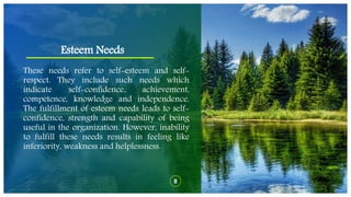 Esteem Needs
8
These needs refer to self-esteem and self-
respect. They include such needs which
indicate self-confidence, achievement,
competence, knowledge and independence.
The fulfillment of esteem needs leads to self-
confidence, strength and capability of being
useful in the organization. However, inability
to fulfill these needs results in feeling like
inferiority, weakness and helplessness.
 