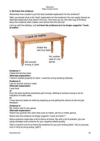 Motivation
Wales Quality Centre

4. Re-frame the evidence
Remember how a belief is just the best available explanation for the evidence?
Well, you decide what is the “best” explanation for the evidence! You can easily choose an
alternate explanation that doesn’t limit you. And once you do, this new way of thinking
about the evidence often makes more sense than the old one!
Let’s go with the tabletop, and re-frame the evidence so it no longer supports “I suck
at maths”:

Evidence 1:
I failed the last two tests
Alternate explanation:
I haven’t studied properly for them. I used the wrong studying methods.
Evidence 2:
I got an answer wrong in class
Alternate explanation:
I was tired
or
Even the best students sometimes get it wrong. Getting an answer wrong is not an
indication of maths skills.
or
I have become better at maths by stepping up and getting the chance to fail and get
feedback.
Evidence 3:
My mother said it’s her genes
Alternate explanation:
Robert has parents who claim they suck at maths, yet he’s a maths genius.
Notice how the evidence no longer supports “I suck at maths”?
Some evidence might take a bit of skill to re-frame. But with a bit of practice, you can
easily dislodge most evidence for your negative beliefs quickly.
Take a moment now to re-frame the evidence for you own limiting belief. (You’re carrying
one in mind as we go along, right?)
November 201!

26

 