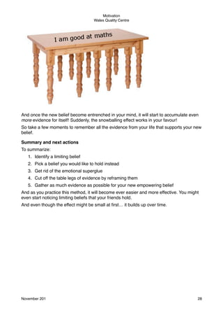 Motivation
Wales Quality Centre

And once the new belief become entrenched in your mind, it will start to accumulate even
more evidence for itself! Suddenly, the snowballing effect works in your favour!
So take a few moments to remember all the evidence from your life that supports your new
belief.
Summary and next actions
To summarize:
1. Identify a limiting belief
2. Pick a belief you would like to hold instead
3. Get rid of the emotional superglue
4. Cut off the table legs of evidence by reframing them
5. Gather as much evidence as possible for your new empowering belief
And as you practice this method, it will become ever easier and more effective. You might
even start noticing limiting beliefs that your friends hold.
And even though the effect might be small at ﬁrst… it builds up over time.

November 201!

28

 