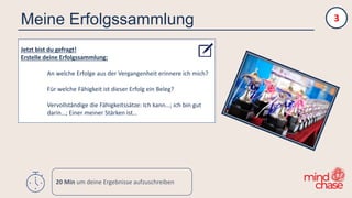 Meine Erfolgssammlung
Jetzt bist du gefragt!
Erstelle deine Erfolgssammlung:
An welche Erfolge aus der Vergangenheit erinnere ich mich?
Für welche Fähigkeit ist dieser Erfolg ein Beleg?
Vervollständige die Fähigkeitssätze: Ich kann…; ich bin gut
darin…; Einer meiner Stärken ist…
3
20 Min um deine Ergebnisse aufzuschreiben
 