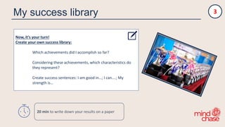 My success library
Now, it‘s your turn!
Create your own success library:
Which achievements did I accomplish so far?
Considering these achievements, which characteristics do
they represent?
Create success sentences: I am good in…; I can….; My
strength is…
3
20 min to write down your results on a paper
 
