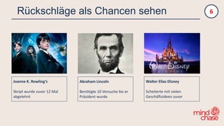 Rückschläge als Chancen sehen 6
Abraham Lincoln
Benötigte 10 Versuche bis er
Präsident wurde
Walter Elias Disney
Scheiterte mit vielen
Geschäftsideen zuvor
Joanne K. Rowling‘s
Skript wurde zuvor 12 Mal
abgelehnt
 