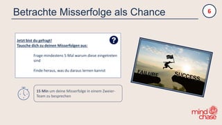 Betrachte Misserfolge als Chance
Jetzt bist du gefragt!
Tausche dich zu deinen Misserfolgen aus:
Frage mindestens 5 Mal warum diese eingetreten
sind
Finde heraus, was du daraus lernen kannst
6
15 Min um deine Misserfolge in einem Zweier-
Team zu besprechen
 