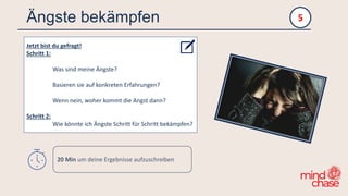 Ängste bekämpfen
Jetzt bist du gefragt!
Schritt 1:
Was sind meine Ängste?
Basieren sie auf konkreten Erfahrungen?
Wenn nein, woher kommt die Angst dann?
Schritt 2:
Wie könnte ich Ängste Schritt für Schritt bekämpfen?
5
20 Min um deine Ergebnisse aufzuschreiben
 