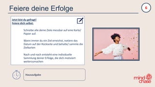 Feiere deine Erfolge
Jetzt bist du gefragt!
Feiere dich selbst:
Schreibe alle deine Ziele messbar auf eine Karte/
Papier auf.
Wann immer du ein Ziel erreichst, notiere das
Datum auf der Rückseite und behalte/ sammle die
Zielkarten
Nach und nach entsteht eine individuelle
Sammlung deiner Erfolge, die dich motiviert
weiterzumachen
6
Hausaufgabe
 