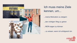 Ich muss meine Ziele
kennen, um...
...meine Motivation zu steigern
...den richtigen Weg zu gehen
...NEIN sagen zu können
…zu wissen, wann ich erfolgreich bin
 