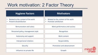Work motivation: 2 Factor Theory
Motivators
• Related to the content of the work
• Promote satisfaction
Hygiene Factors
• Related to the context of the work
• Prevent dissatisfaction
Remuneration and salary
Personnel policy, management style
Autonomy and support
Interpersonal relations
Security
Influence on private life
Work performance and success
Recognition
Work content
Responsibility
Promotion and advancement
Growth
 