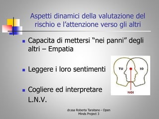 Aspetti dinamici della valutazione del
rischio e l’attenzione verso gli altri
 Capacita di mettersi “nei panni” degli
altri – Empatia
 Leggere i loro sentimenti
 Cogliere ed interpretare
L.N.V.
dr.ssa Roberta Tarsitano - Open
Minds Project 3
 
