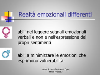 Realtà emozionali differenti
abili nel leggere segnali emozionali
verbali e non e nell’espressione dei
propri sentimenti
abili a minimizzare le emozioni che
esprimono vulnerabilità
dr.ssa Roberta Tarsitano - Open
Minds Project 3
 