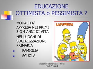 EDUCAZIONE
OTTIMISTA o PESSIMISTA ?
MODALITA’
APPRESA NEI PRIMI
3 O 4 ANNI DI VITA
NEI LUOGHI DI
SOCIALIZZAZIONE
PRIMARIA
 FAMIGLIA
 SCUOLA
dr.ssa Roberta Tarsitano - Open
Minds Project 3
 