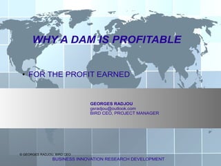 WHY A DAM IS PROFITABLE


 ●   FOR THE PROFIT EARNED


                             GEORGES RADJOU
                             gsradjou@outlook.com
                             BIRD CEO, PROJECT MANAGER




© GEORGES RADJOU, BIRD CEO
                BUSINESS INNOVATION RESEARCH DEVELOPMENT
 
