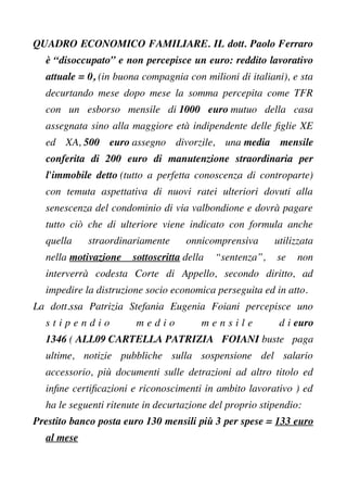 QUADRO ECONOMICO FAMILIARE. IL dott. Paolo Ferraro
è “disoccupato” e non percepisce un euro: reddito lavorativo
attuale = ...