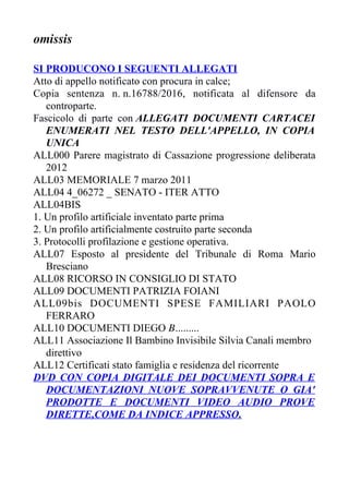 omissis
SI PRODUCONO I SEGUENTI ALLEGATI
Atto di appello notificato con procura in calce;
Copia sentenza n. n.16788/2016, ...