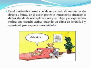  En el motivo de consulta se da un periodo de comunicación
  directa y franca, en el que el paciente transmite su situación o
  dudas, donde da sus explicaciones y se relaja, y el especialista
  realiza una escucha activa, creando un clima de serenidad y
  seguridad, para captar sus necesidades.
 