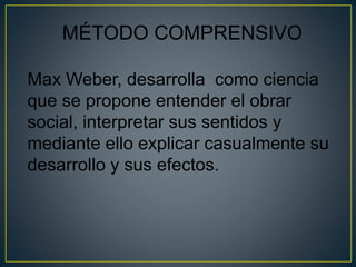 MÉTODO COMPRENSIVO 
Max Weber, desarrolla como ciencia 
que se propone entender el obrar 
social, interpretar sus sentidos y 
mediante ello explicar casualmente su 
desarrollo y sus efectos. 
 