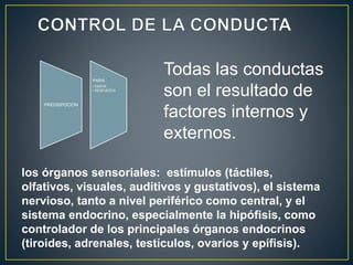 PREDISPOCION 
PARA 
• EMITIR 
• RESPUESTA 
Todas las conductas 
son el resultado de 
factores internos y 
externos. 
los órganos sensoriales: estímulos (táctiles, 
olfativos, visuales, auditivos y gustativos), el sistema 
nervioso, tanto a nivel periférico como central, y el 
sistema endocrino, especialmente la hipófisis, como 
controlador de los principales órganos endocrinos 
(tiroides, adrenales, testículos, ovarios y epífisis). 
 