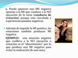 2. Puede aparecer una ME negativa
 opuesta a la MI que conduce a la NO
 ejecución de la tarea (conducta de
 evitación) porque esta vinculada a
 experiencias pasadas negativas.

 Además de impedir la MI positiva, las
 emociones también producen MI
 negativa.
 EJEMPLO: una emoción negativa
 que conlleva a la NO ejecución o
 evitación es el “aburrimiento” por lo
 que produce una MI negativa para
 evitar la realización de una tarea.
 