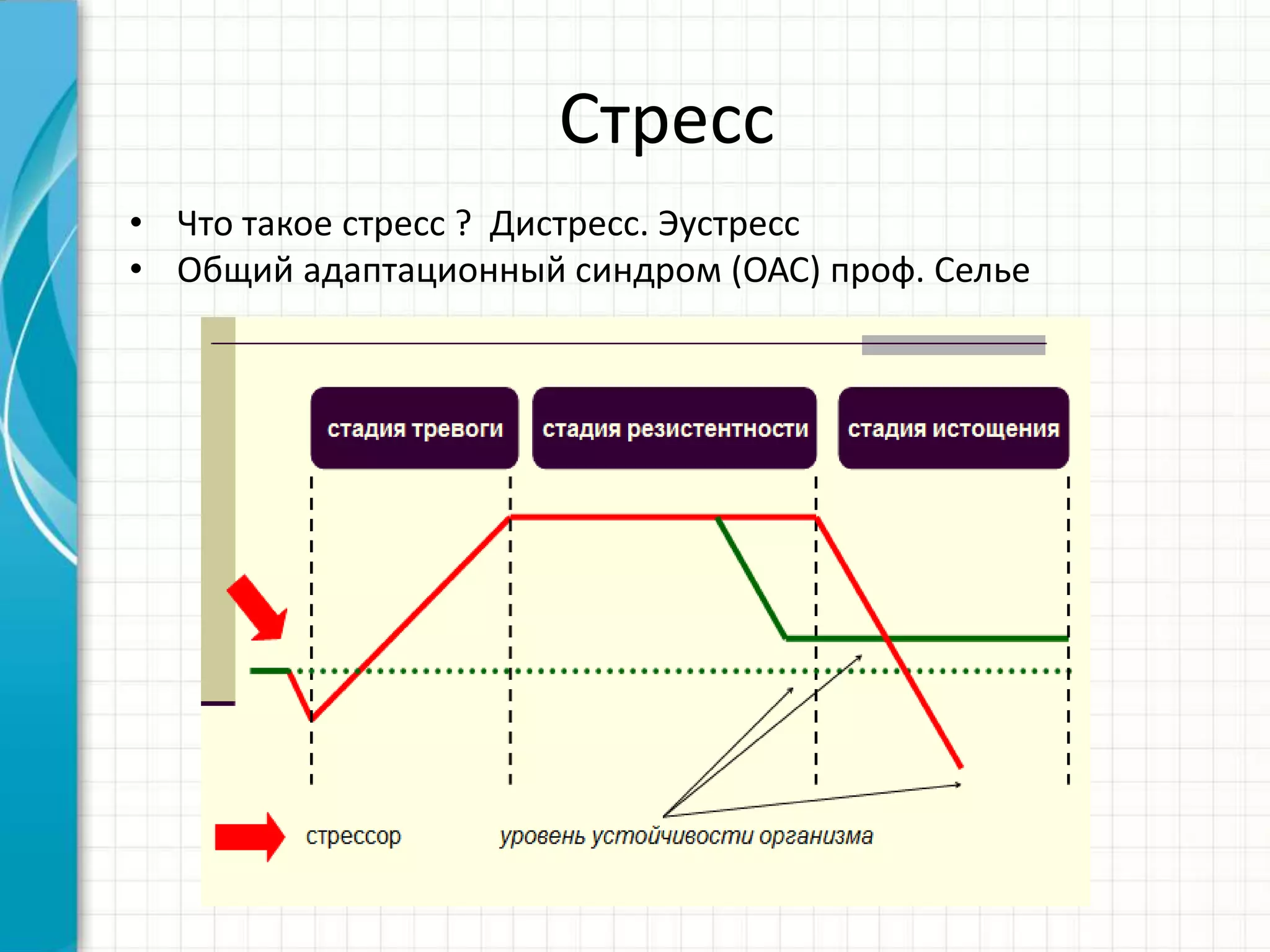 Стресс
• Что такое стресс ? Дистресс. Эустресс
• Общий адаптационный синдром (ОАС) проф. Селье
 