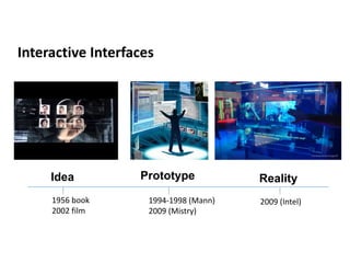 Interactive Interfaces
Prototype RealityIdea
1956 book
2002 film
1994-1998 (Mann)
2009 (Mistry)
2009 (Intel)
 