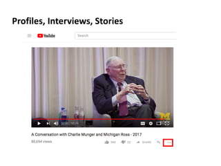 Profiles, Interviews, Stories
 