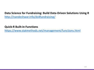 123
Data Science for Fundraising: Build Data-Driven Solutions Using R
http://nandeshwar.info/ds4fundraising/
Quick-R Built-in Functions
https://www.statmethods.net/management/functions.html
 