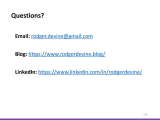Questions?
124
Email: rodger.devine@gmail.com
Blog: https://www.rodgerdevine.blog/
LinkedIn: https://www.linkedin.com/in/rodgerdevine/
 