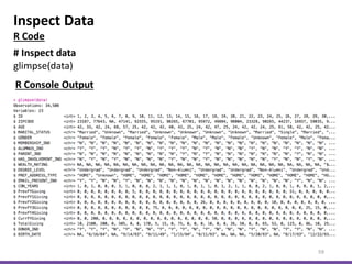 Inspect Data
59
# Inspect data
glimpse(data)
R Console Output
R Code
 