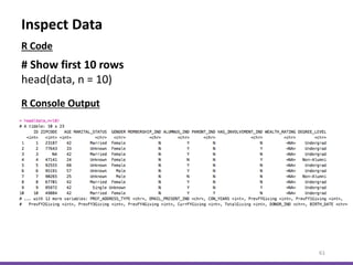 Inspect Data
61
# Show first 10 rows
head(data, n = 10)
R Console Output
R Code
 