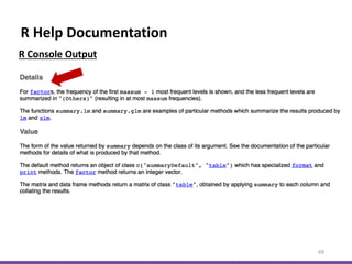 R Help Documentation
69
R Console Output
 