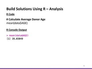 Build Solutions Using R – Analysis
76
# Calculate Average Donor Age
mean(data$AGE)
R Console Output
R Code
 
