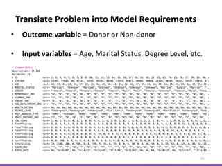 91
• Outcome variable = Donor or Non-donor
• Input variables = Age, Marital Status, Degree Level, etc.
Translate Problem into Model Requirements
 