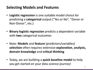 Selecting Models and Features
92
• Logistic regression is one suitable model choice for
predicting a categorical output (”Yes or No”, ”Donor or
Non-Donor”, etc.)
• Binary logistic regression predicts a dependent variable
with two categorical outcomes
• Note: Models and feature (predictors/variables)
selection often requires extensive exploration, analysis,
domain knowledge and critical thinking
• Today, we are building a quick baseline model to help
you get started on your data science journey!
 
