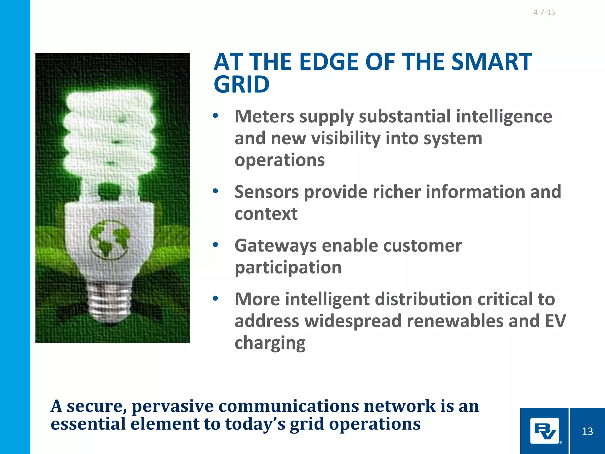 A secure, pervasive communications network is an
essential element to today’s grid operations
• Meters supply substantial intelligence
and new visibility into system
operations
• Sensors provide richer information and
context
• Gateways enable customer
participation
• More intelligent distribution critical to
address widespread renewables and EV
charging
AT THE EDGE OF THE SMART
GRID
4-7-15
13
 