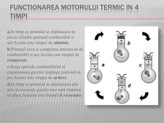 FUNCTIONAREA MOTORULUI TERMIC IN 4
TIMPI
a.In timp ce pistonul se deplaseaza in
jos,in cilindru patrund combustibil si
aer.Acesta este timpul de admisie.
b.Pistonul urca si comprima amestecul de
combustibil si aer.Acesta este timpul de
compresie.
c.Bujia aprinde combustibilul si
expansiunea gazelor impinge pistonul in
jos.Acesta este timpul de ardere.
d.In timp ce pistonul se deplaseaza din
nou in sus,toate gazele arse sunt impinse
in afara.Aceasta este timpul de evacuare.
 